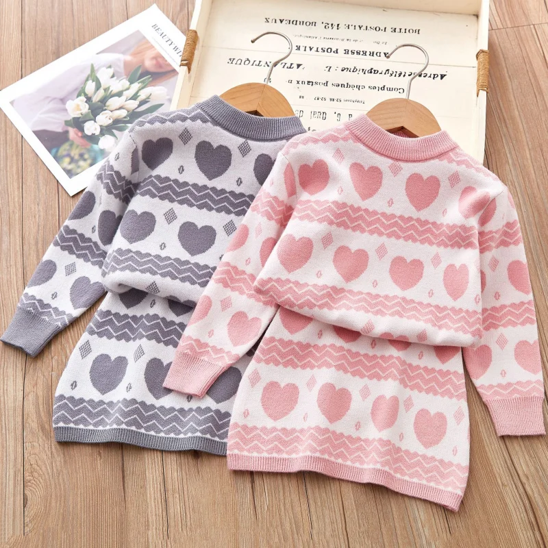 

Children's Korean Knitted Two-Piece Set Autumn and Winter Style Chic Little Girl Knitted Pullover Heart Children's Set