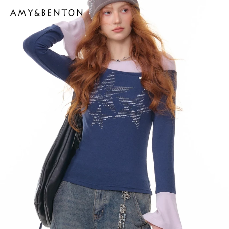 

American Retro Design Flared Sleeve Fake Two-Piece Women's Top Autumn Winter New Star Print Dark Blue Long Sleeve T-Shirt Ladies