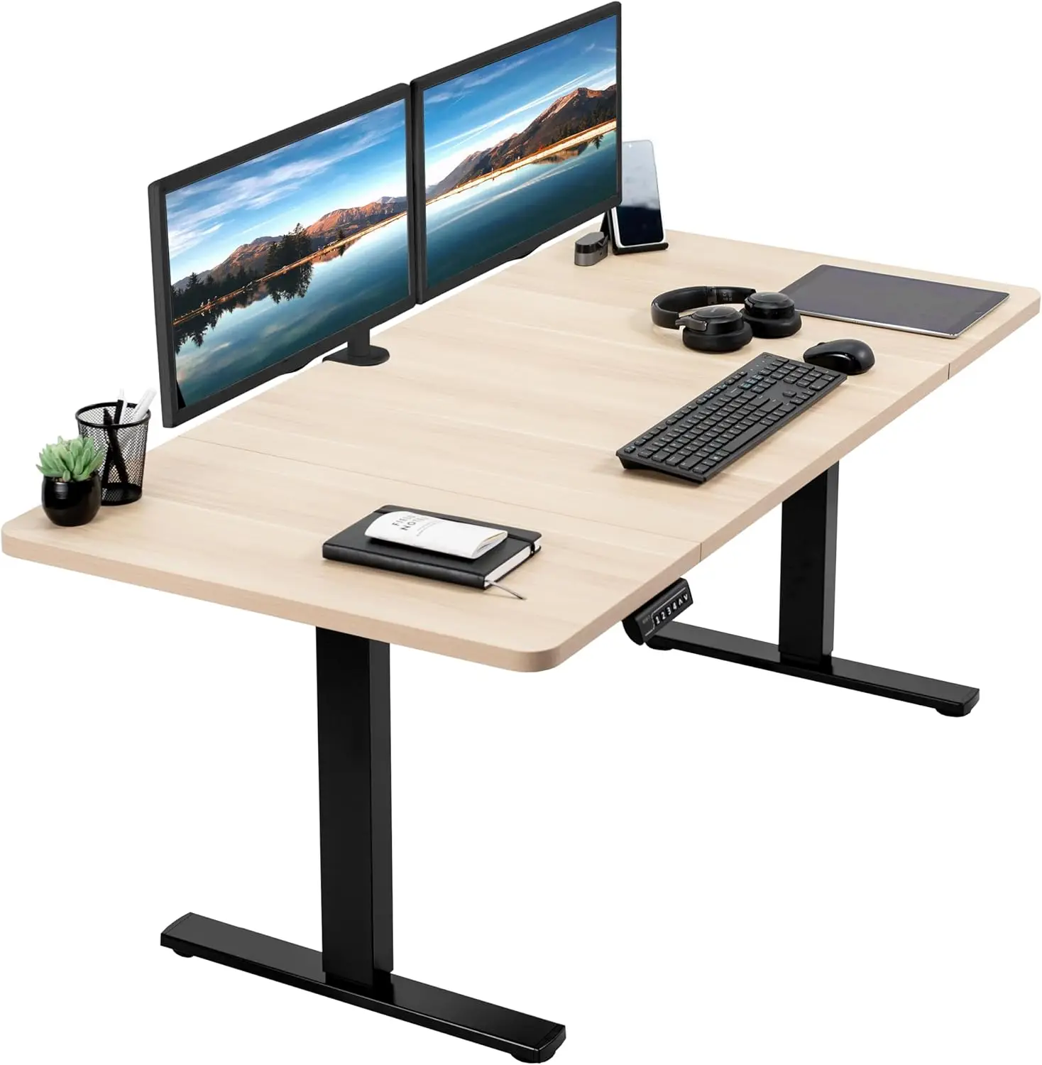 

Electric 60 x 30 inch standing desk workstation, memory controller height adjustment, light wood top black frame