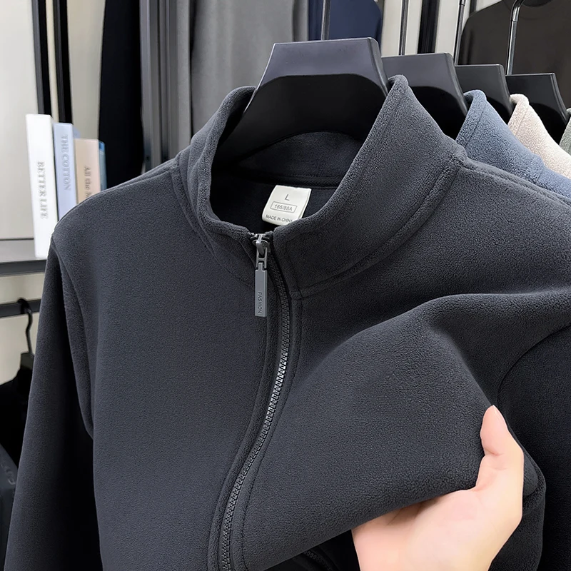 

High quality classic solid color stand up collar cardigan men fashion luxury autumn winter plush thick warm comfort casual coat