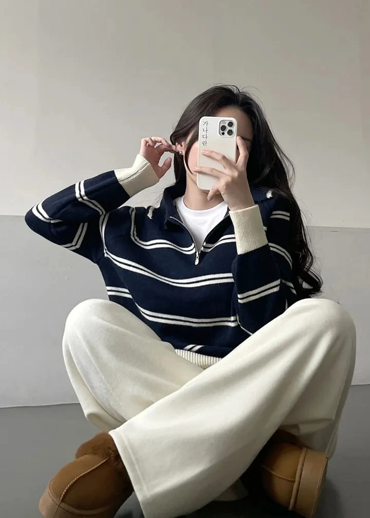 Korean Style Lazy Striped Zipper Color Block Long Sleeve Women's Soft Sweater Autumn Winter New Design Knitted Shirt