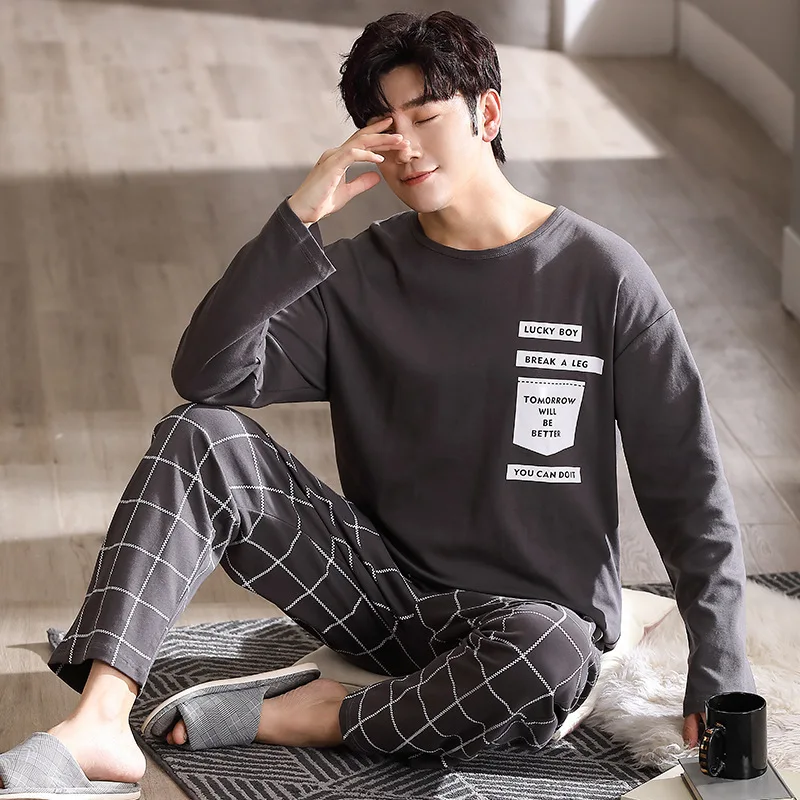 2023 New Style Men's Pajamas Set Spring Cotton Male Pajamas Sets Young Boy Sleepwear Long Sleep Tops + Pant 2pcs/set Pjs Hombre