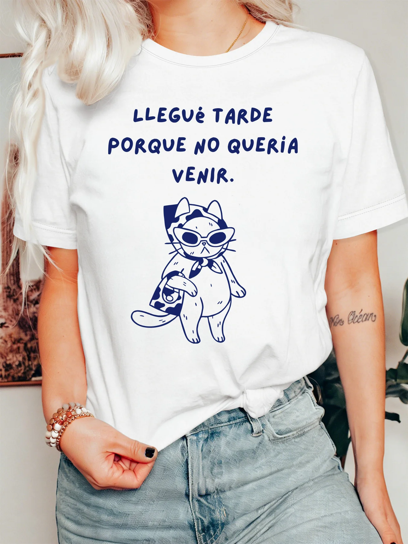Sassy Cat Spanish Quote Womens Crew Neck Short Sleeve T Shirt Funny Slogan Cartoon Animal Humor Casual Graphic Tees For Ladies