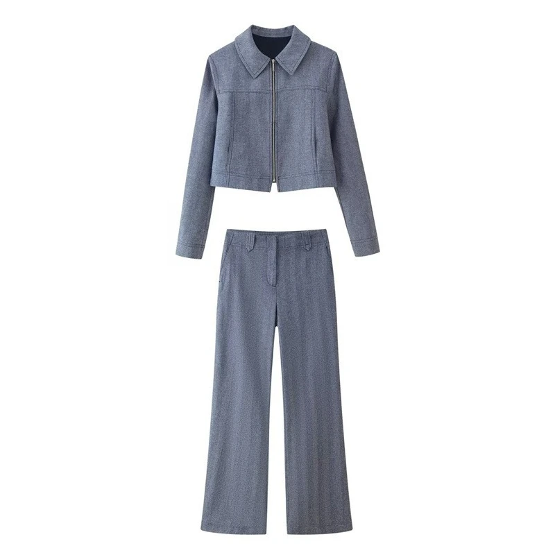 Zweiteiliges Set aus kurzem Blazer und langen Hosen mit Fischgrätenmuster für Damen