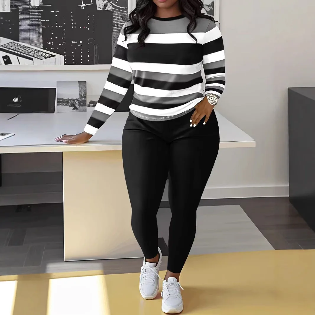 

Pants Two Piece Sets for Women 2025 Spring New Casual Crew Neck Long Sleeve Tops Skinny Striped 2pc Pant Set Woman