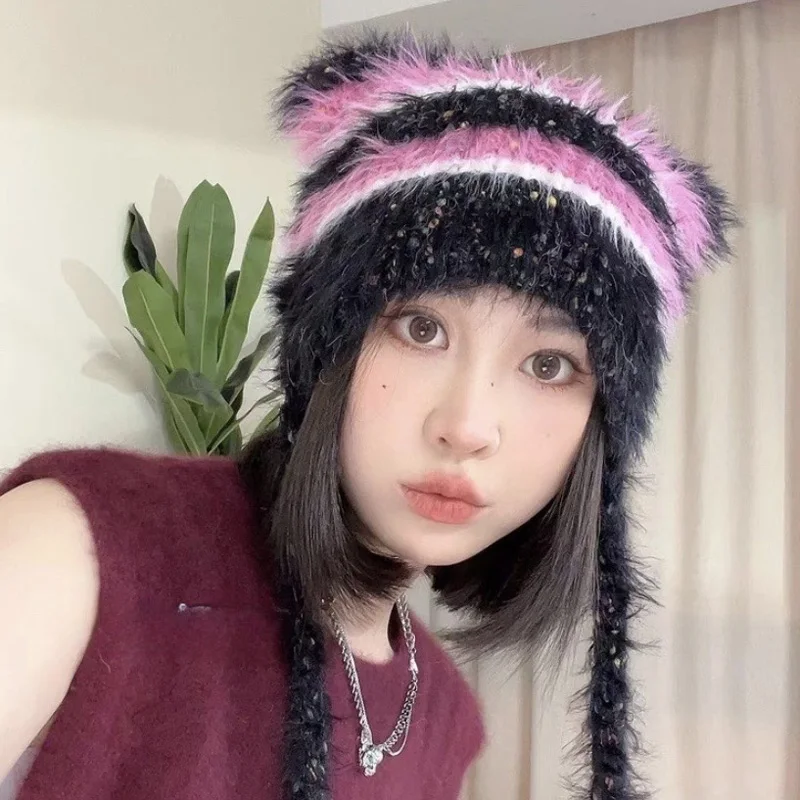 Cat Ear Contrast Stripe Splicing Handmade Colorful Dot Imitation Mink Velvet Hat Cute Little Sister Ear Protection Warm Hat