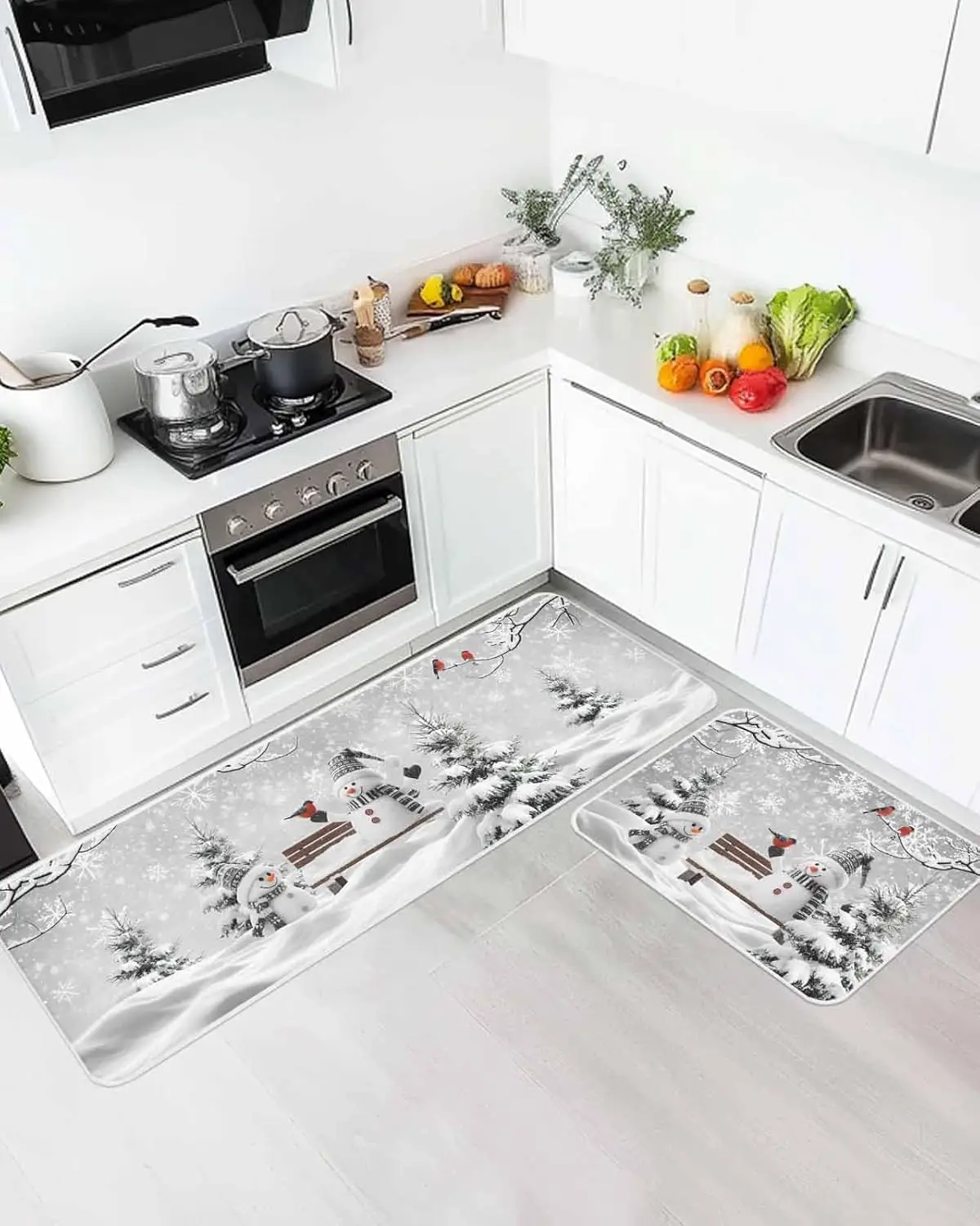 Christmas Snowman Snow Scene Kitchen Mats Home Decor Non-Slip Corridor Balcony Rugs Bedroom Bedside Floor Mat Xmas Decor