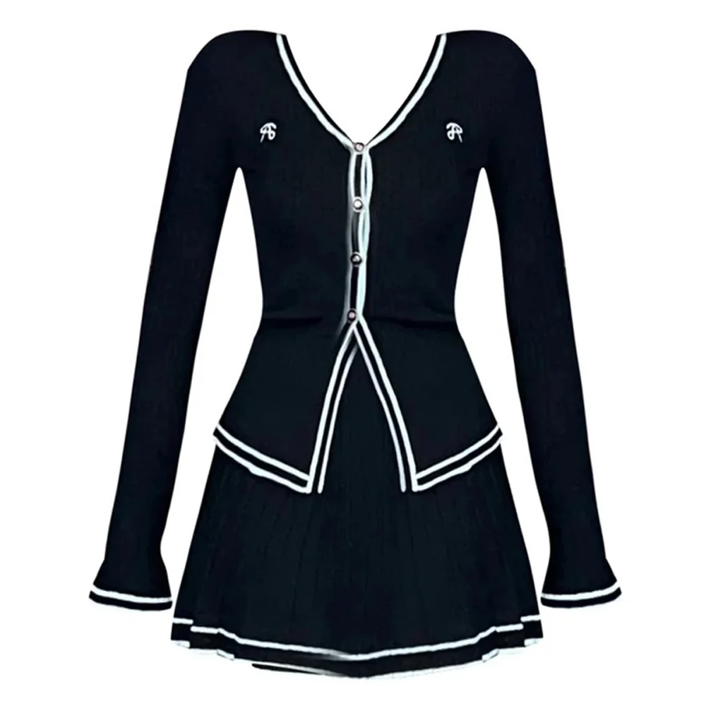 Fall Women Korean Vintage Slim Mori Girl Knit Birthday Outfits 2 Piece Set Long Sleeve Single-breasted Top + Gyaru Mini Skirt