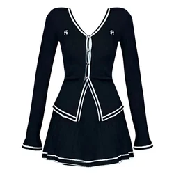Fall Women Korean Vintage Slim Mori Girl Knit Birthday Outfits 2 Piece Set Long Sleeve Single-breasted Top + Gyaru Mini Skirt