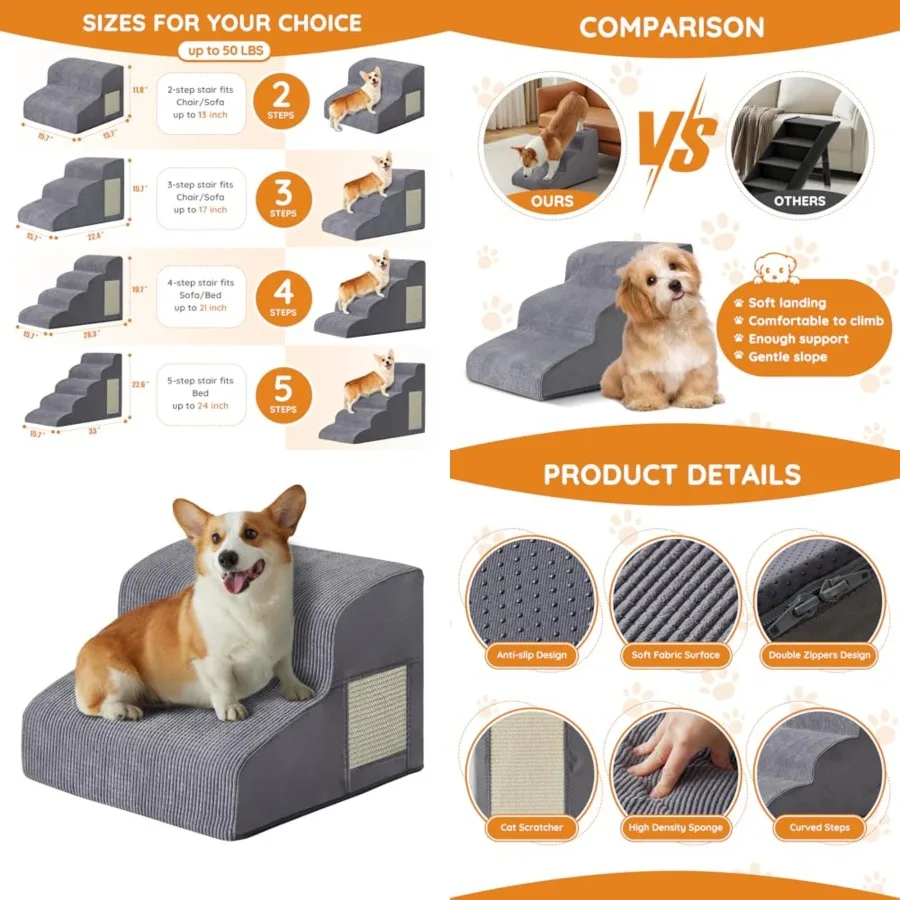 

Dogs Steps for Bed, Dog Stairs for Small Dogs, -Step Dog Ramp for Bed, Couch, Sofa, and Chairs, Non-Slip Bottom Design, Cat Scr