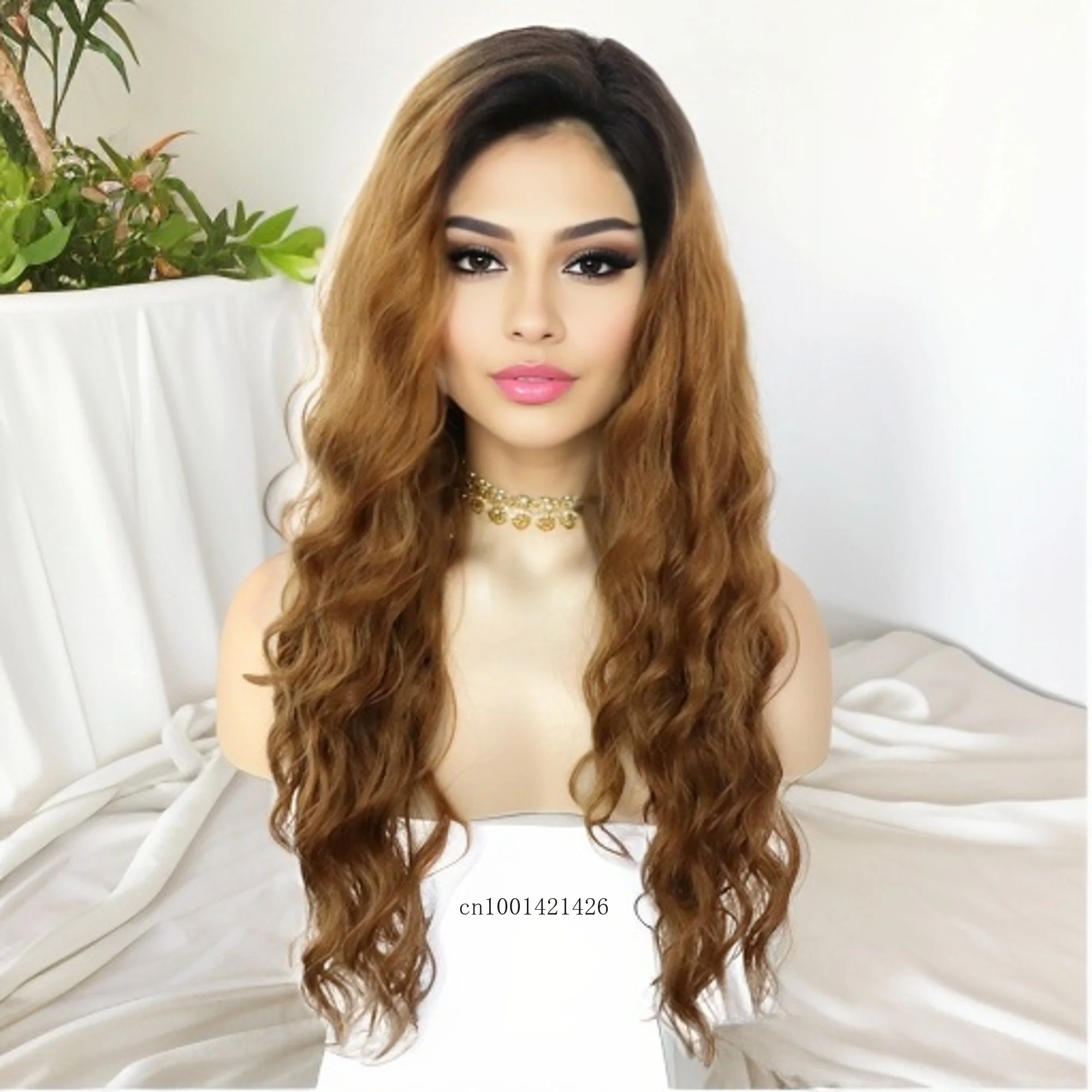 

Synthetic Hair Long Curly Wavy Wigs for Women Dark Roots Ombre Wig with Side Bangs Wig Brown Color Long Hair Wigs Cosplay Party