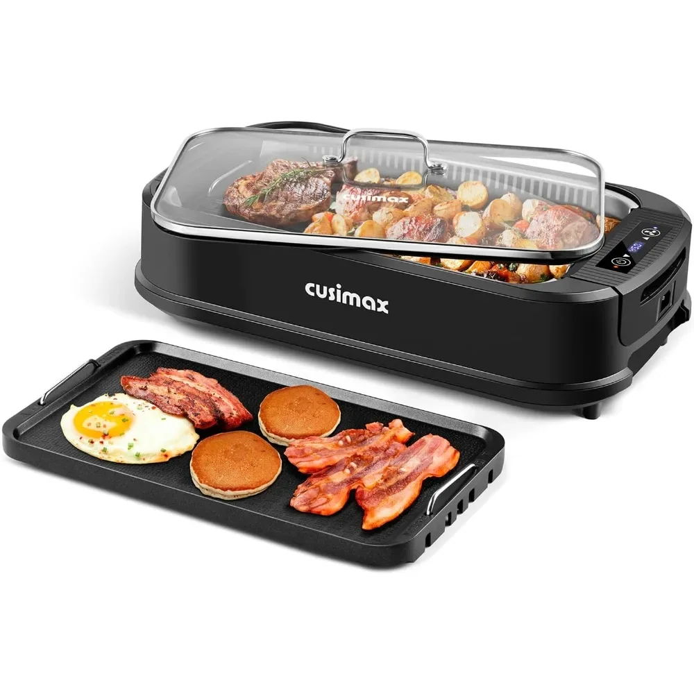 Electric Smokeless Grill, 1500W BBQ Grill, with LED Smart Display & Tempered Glass Lid, Non-stick Removable Grill Plate