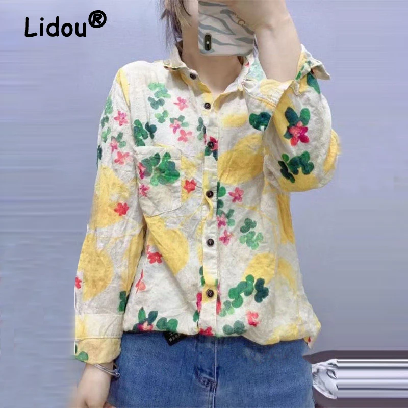 Women\'s Fashion Vintage Floral Printed Button Up Shirt Casual Lapel Cotton Linen Blouse Long Sleeve Loose All Match Tops Blusas