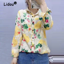 Women's Fashion Vintage Floral Printed Button Up Shirt Casual Lapel Cotton Linen Blouse Long Sleeve Loose All Match Tops Blusas