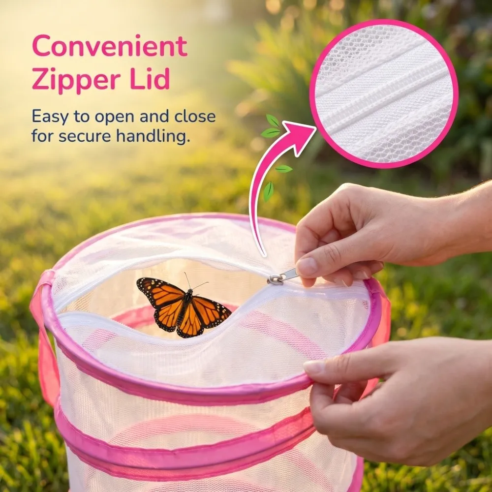 Zipper Lid Cylindrical Mesh Cage Breathable Mesh Portable Design Butterfly Enclosure Lightweight Structure Easy To Carry