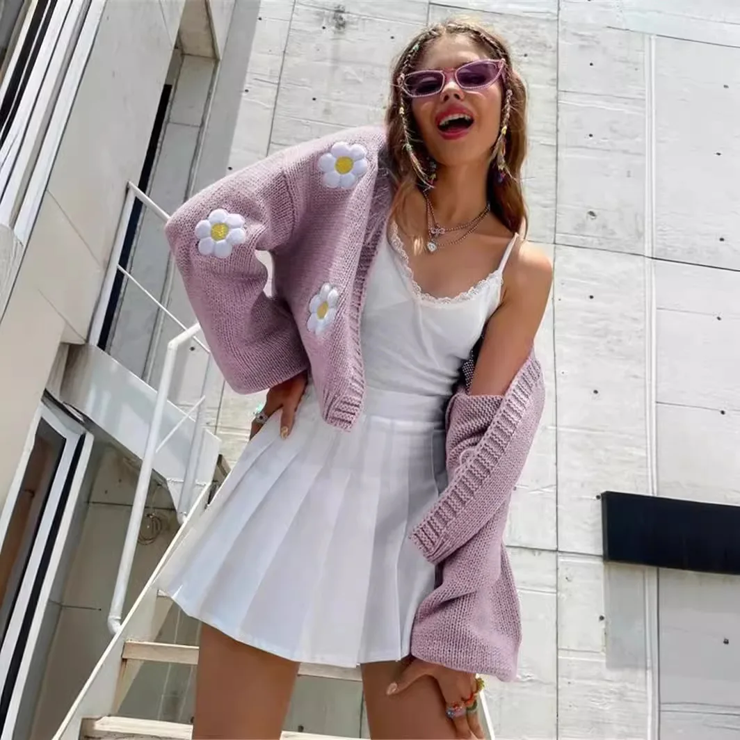 Autumn Winter Women Top Knitted Cardigan Sweaters Ladies Lantern Sleeve Short Female Casual Loose Sweaters Ropa De Mujer Tops 3