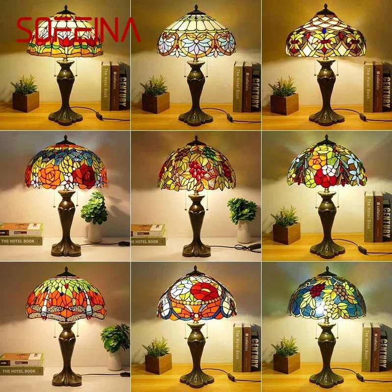 

SOFEINA Tiffany Table Lamp American Retro Living Room Bedroom Lamp Luxurious Villa Hotel Stained Glass Desk Lamp