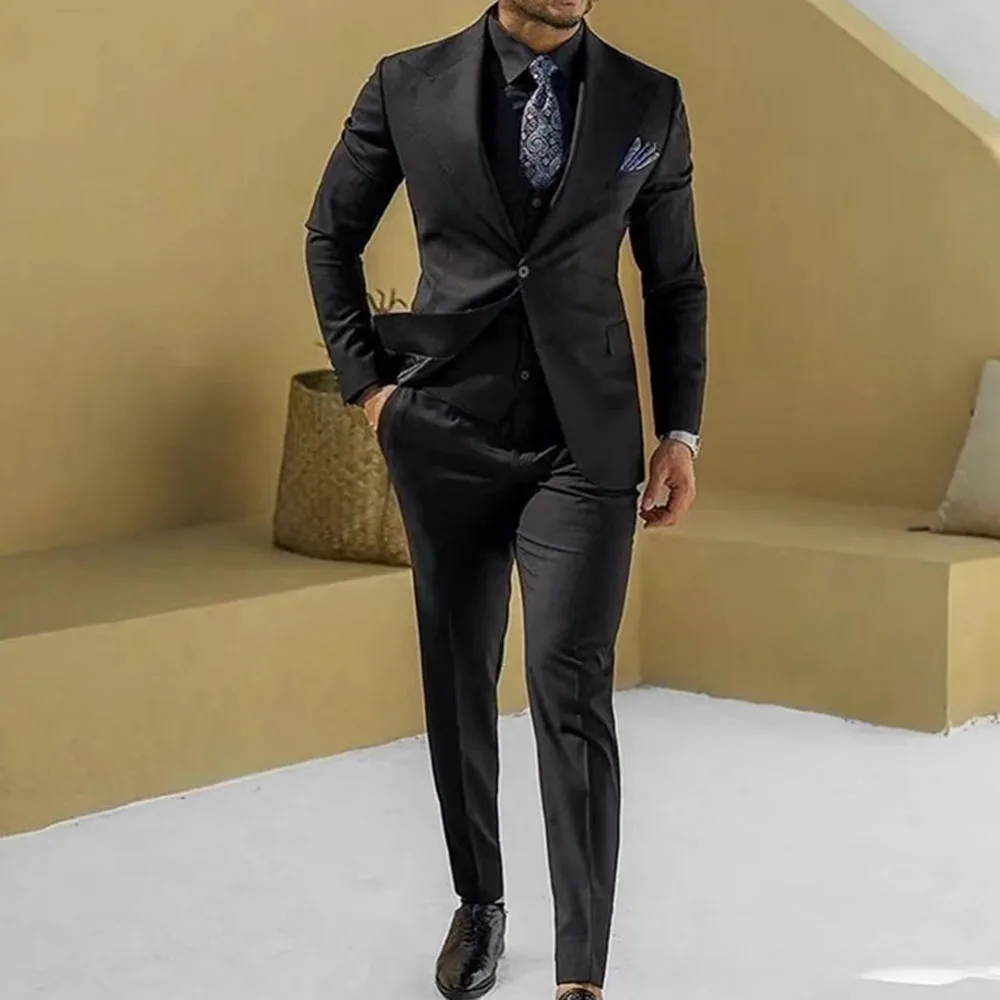 2023 New Fashion Wedding Men Black Peak Lapel Suits Business Casual Formal Costume Homme Slim Fit 3 Pcs Set Jacket Vest Pants