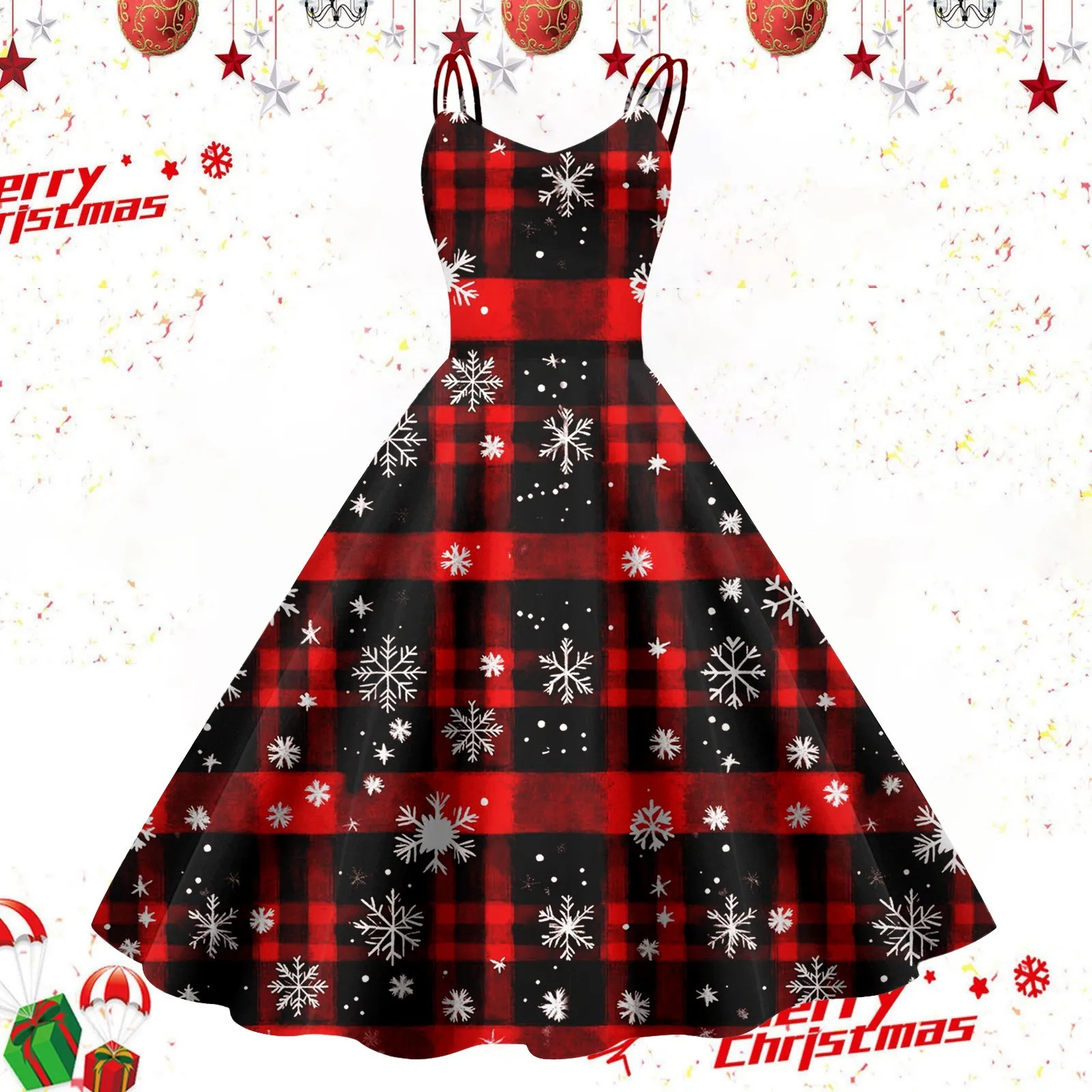 

Robe Christmas Dresses For Women Autumn Winter New Cosplay Clothing Female Snow Print Cocktail Prom Party Dress