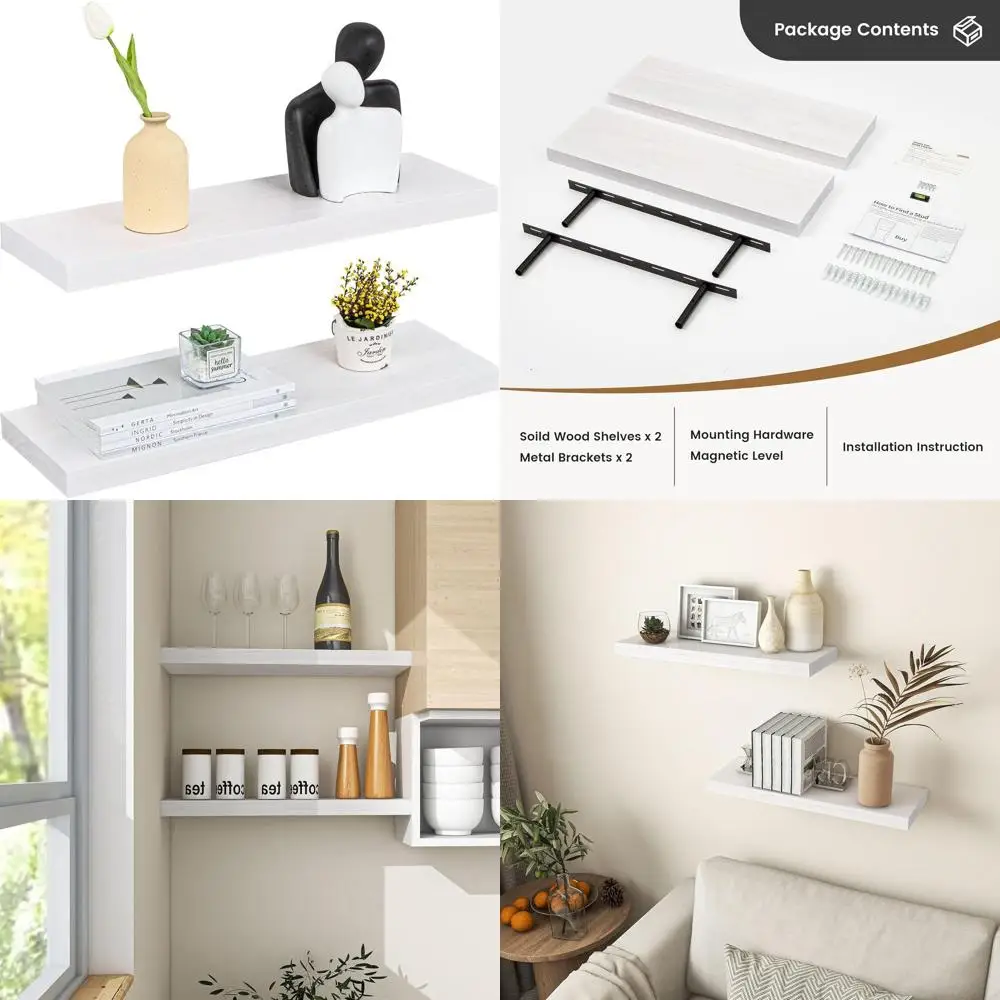 

Rustic 8 Deep Pine Floating Shelves - White, 24 Wide Set of 2 for Wall Storage in Home