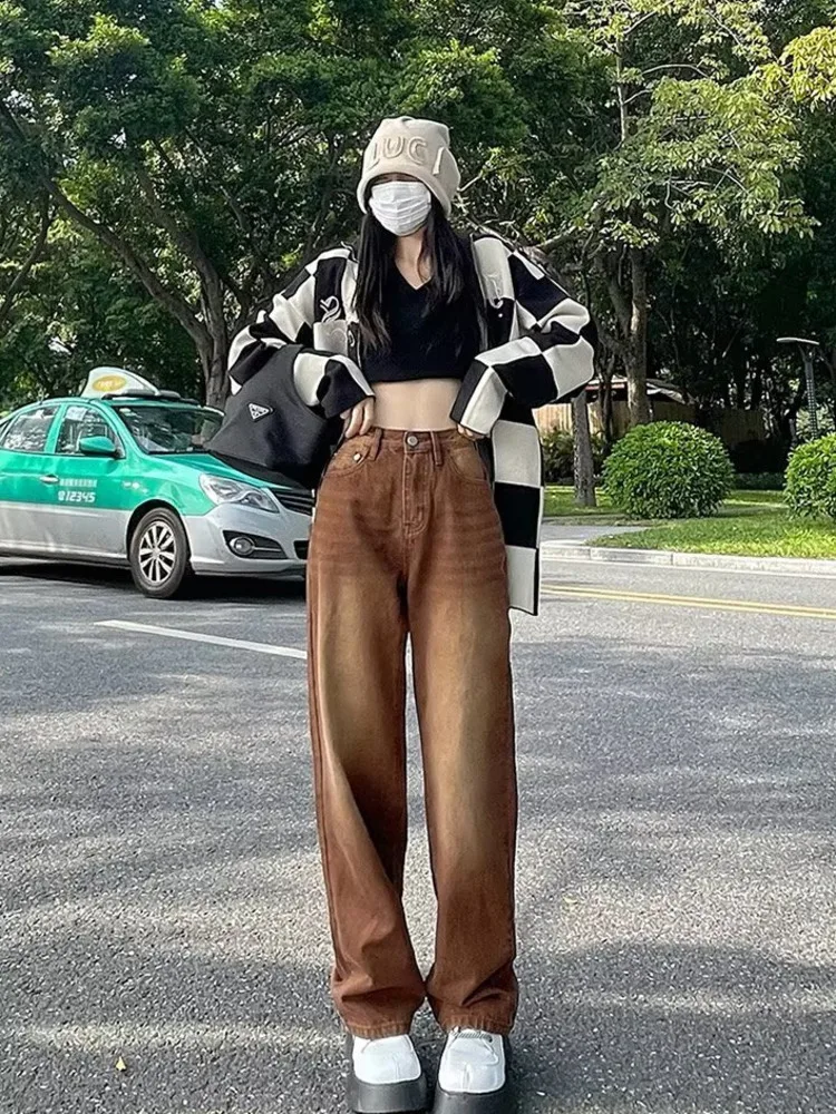 Feynzz European And American Retro Brown Jeans Women's Spring And Autumn High-waisted Straight-leg Loose And Thin Wide-leg Pants