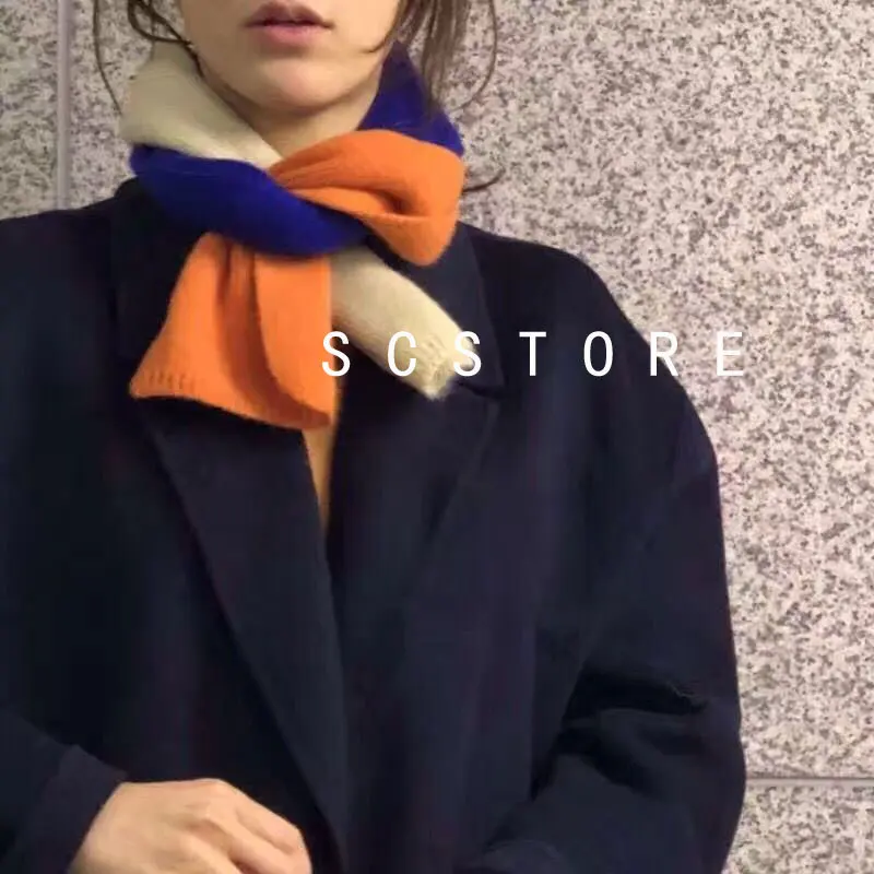 Korea's Dongdaemun INS HotSale Color-blocked Woolen Small Scarf Women's Autumn and WinterKnitting Contrasting Warm Student Scarf