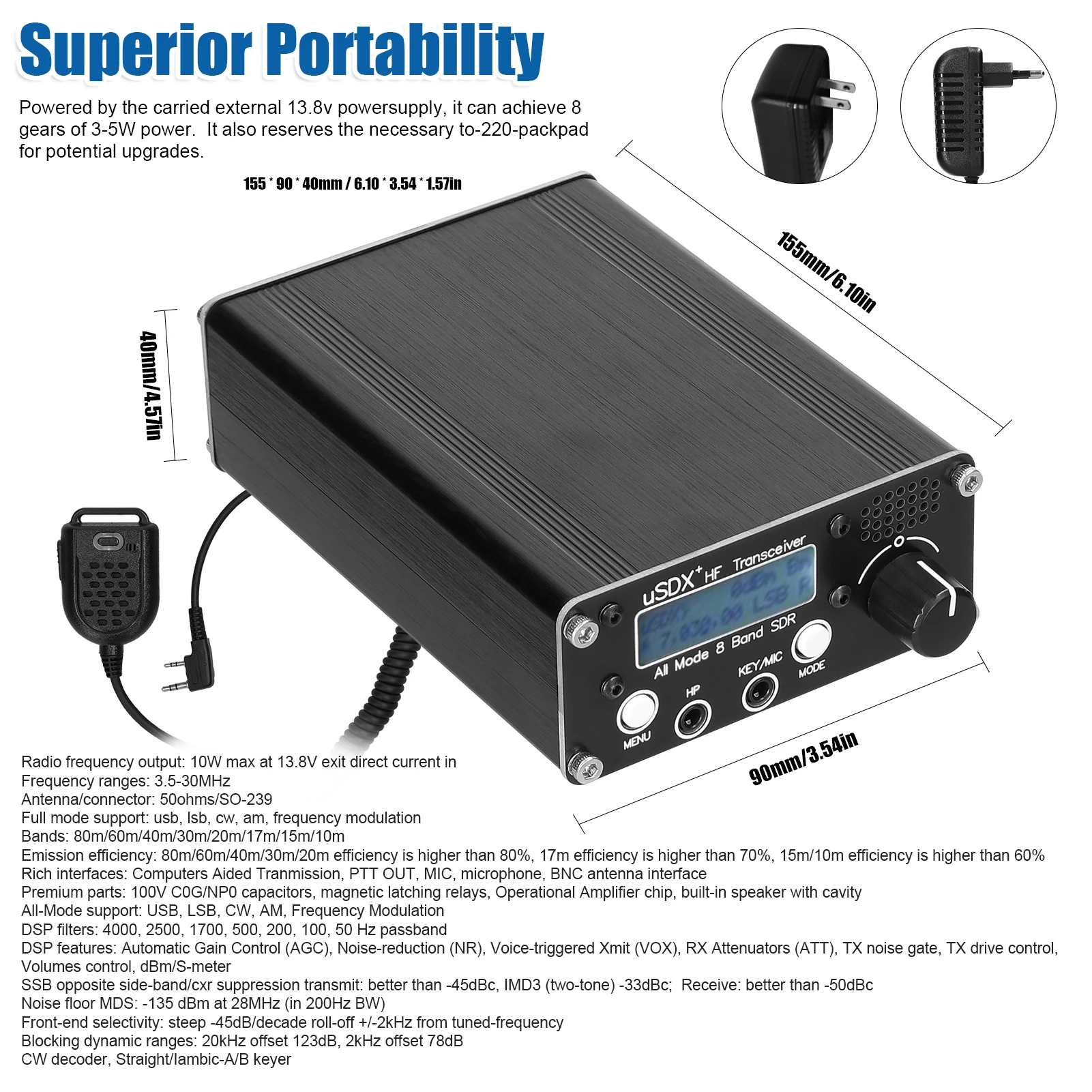 uSDR uSDX+ Plus V2 10/15/17/20/30/40/60/80m 8 Bands SDR All Mode High Frequency SSB QRP Transceiver with BNC Antenna Connector