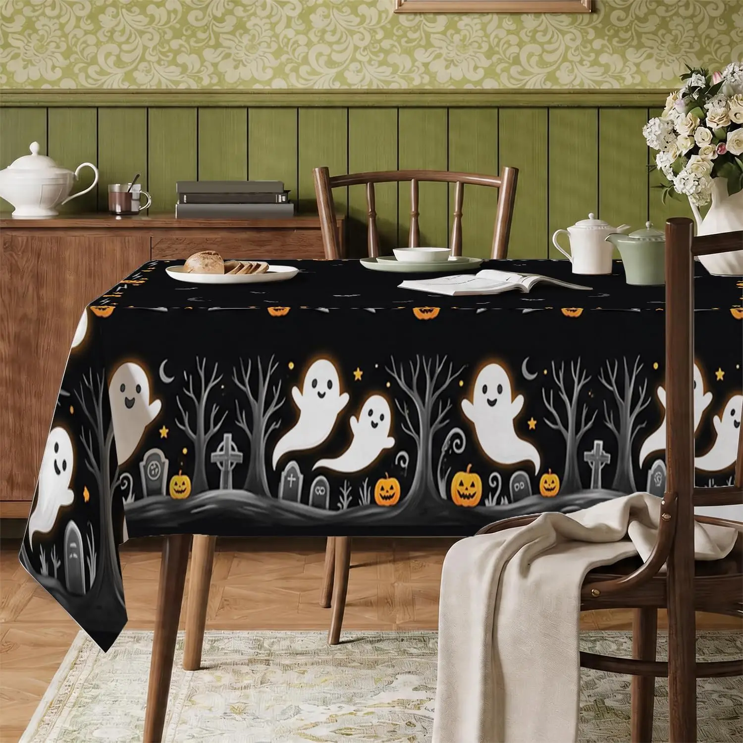 Halloween Ghost Pumpkins Grave BOO Rectangle Tablecloth for Table Decor Reusable Kitchen Dining Table Cloth Halloween Decoration