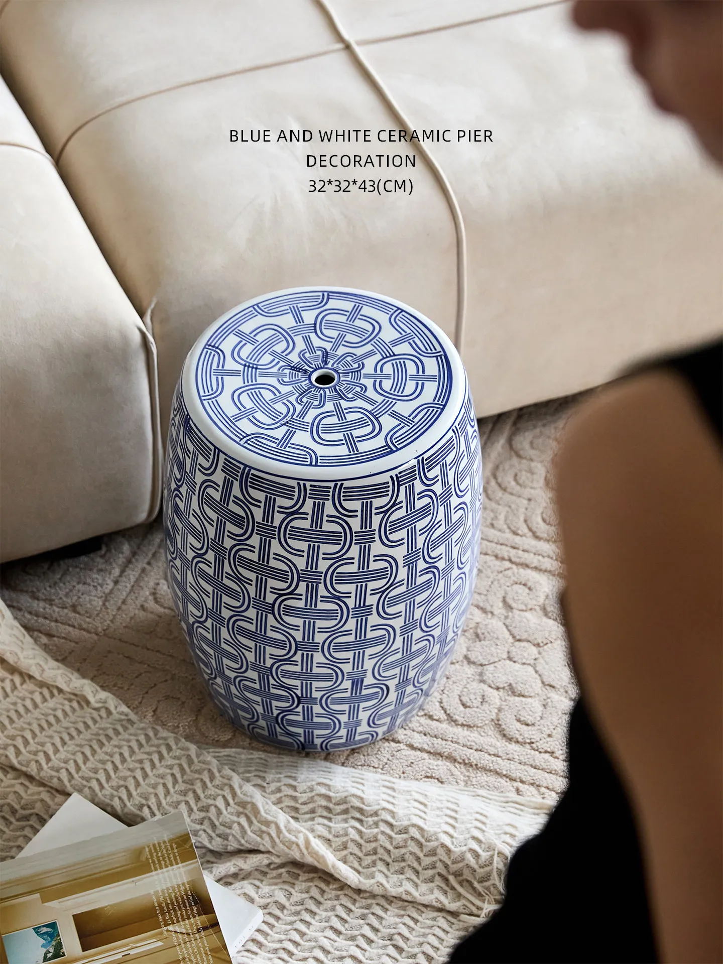 Evening Mood | Blue and White Floral Pattern Drum Stool, Oriental Paris Ceramic Side Table, New Chinese Style Embroidered Stool,