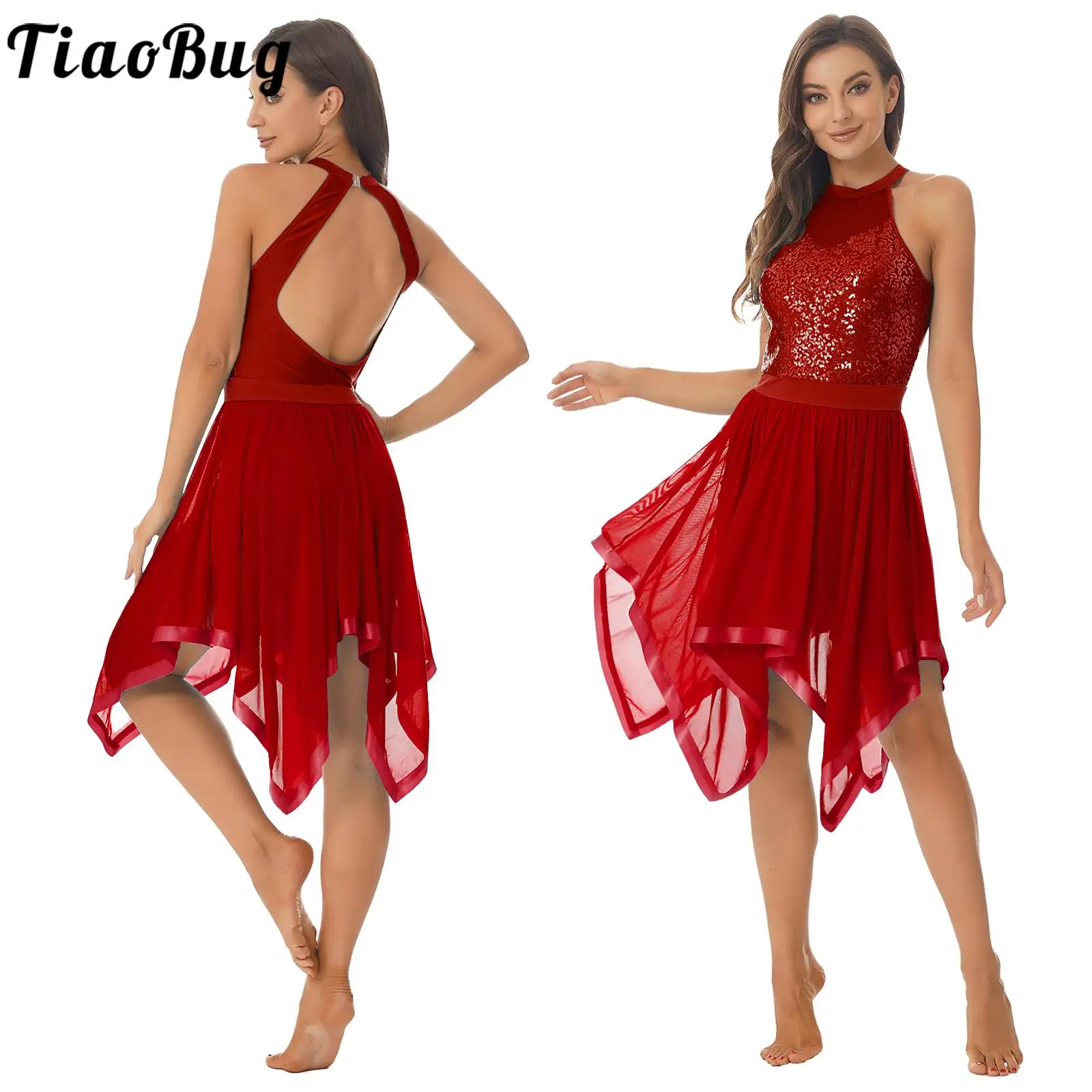 Tiaobug Womens Shiny Sequins Prettify Halter Dance Dress Backless Asymmetrical Hem Mesh Dresses LyricalDance Performance Costume