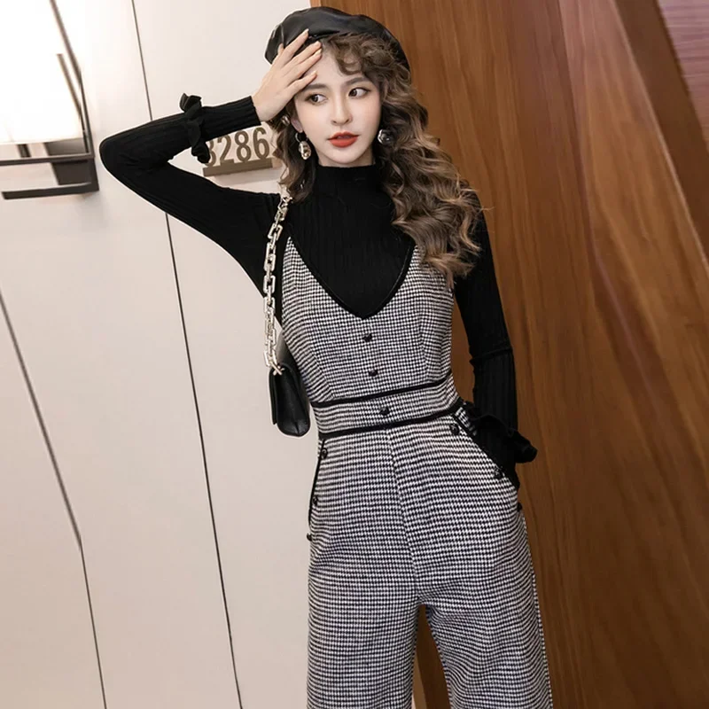 Vintage Jumpsuit Women Elegance Autumn New V Neck Sleeveless Retro Overall Mono Printed Black Jumpsuit High Waist Wide Leg Pants