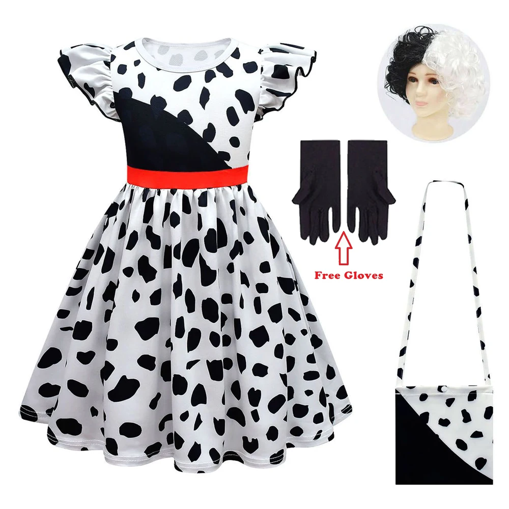 Cruella De Vil Cosplay Costume Girls Halloween Party Suits Gown Black White Maid Dress with Gloves Feifei Sleeve Dress Outfit