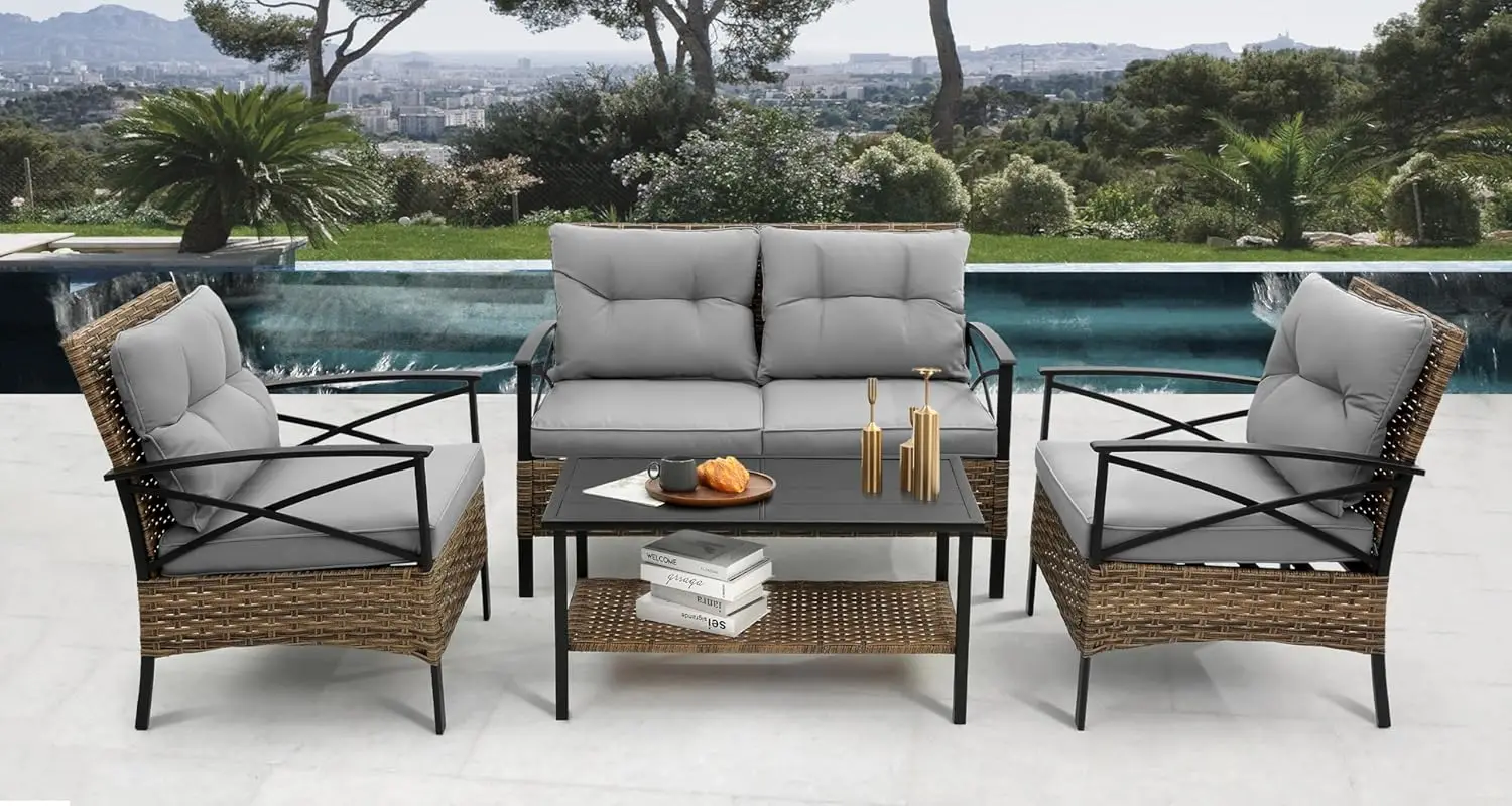 

Outdoor Patio Furniture Set, 4 Piece Backyard Wicker Conversation Sets, Rattan Sofa with Table for Balcony Porch Outside Garden