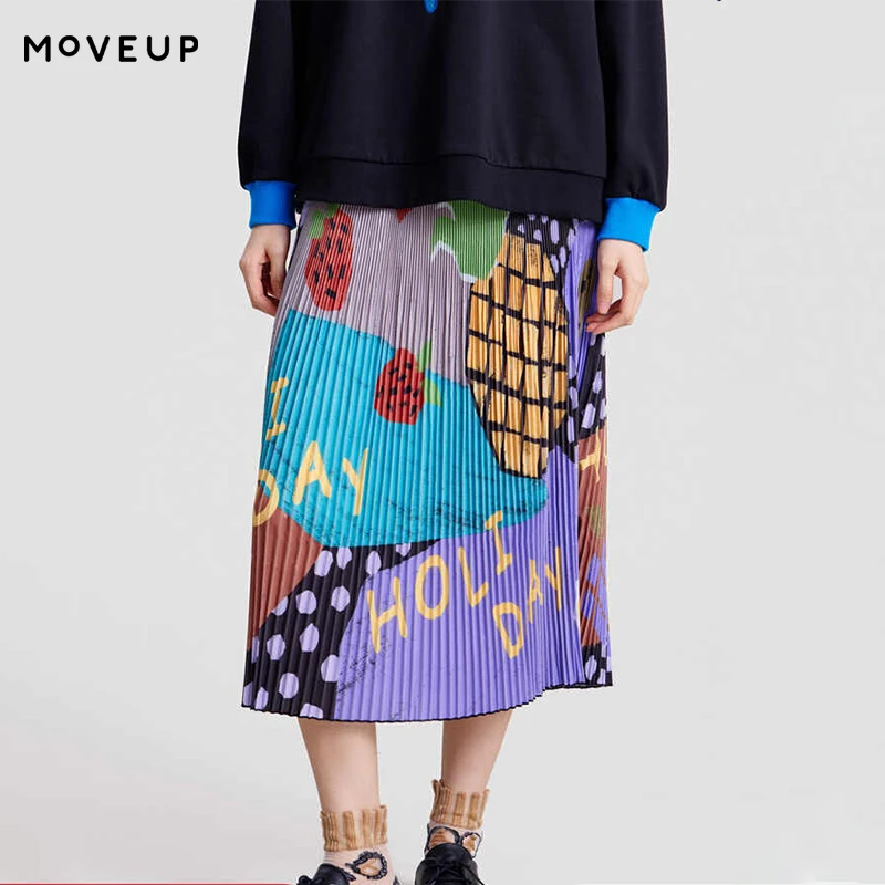 MOVEUP Vertical Pleated Midi Skirt 2026 Autumn New Elastic Waist Women's Skirt Fun Fruit Letter Retro Print Leisure 3ELC20617
