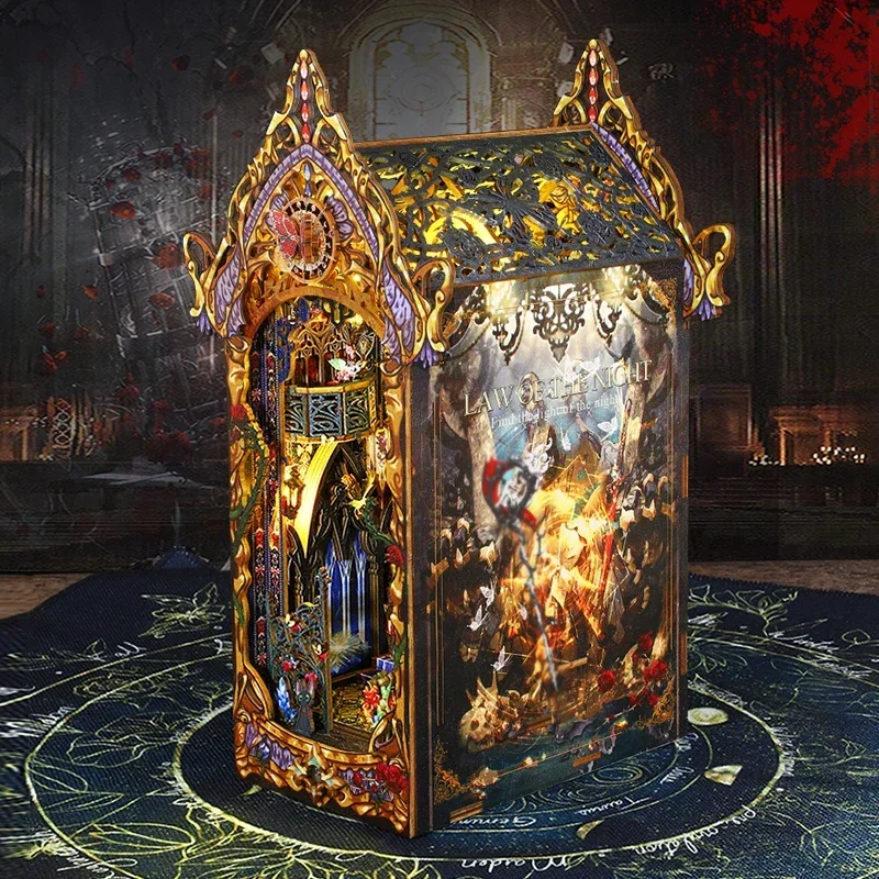 

Gothic Rose Castle Law of the Nights Home Bookend Decor, Retro DIY Wooden Book Nook Shelf Insert Miniatures Kits Handmade Gifts