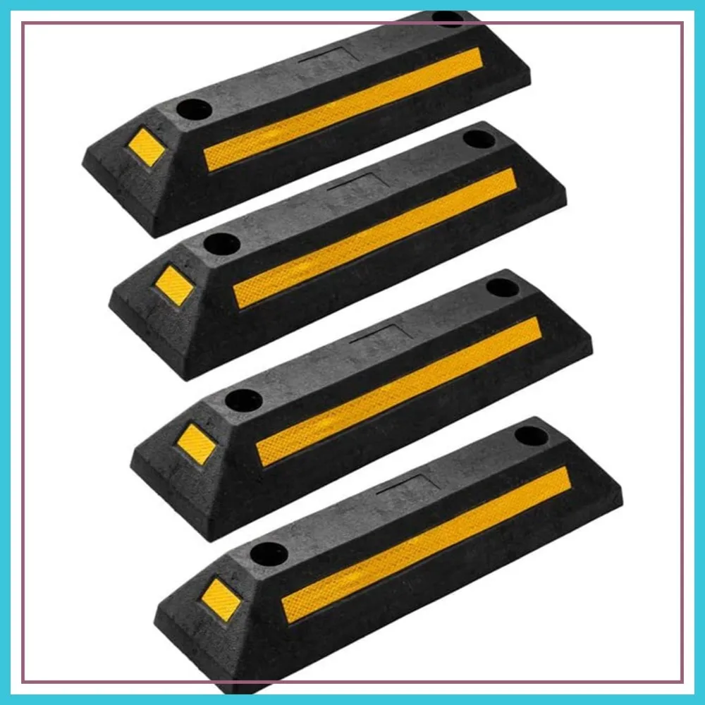 Heavy Duty Rubber Parking Guide - 4 Pcs Premium Quality Car Garage Wheel Stopper with Reflective Yellow Tape Curb