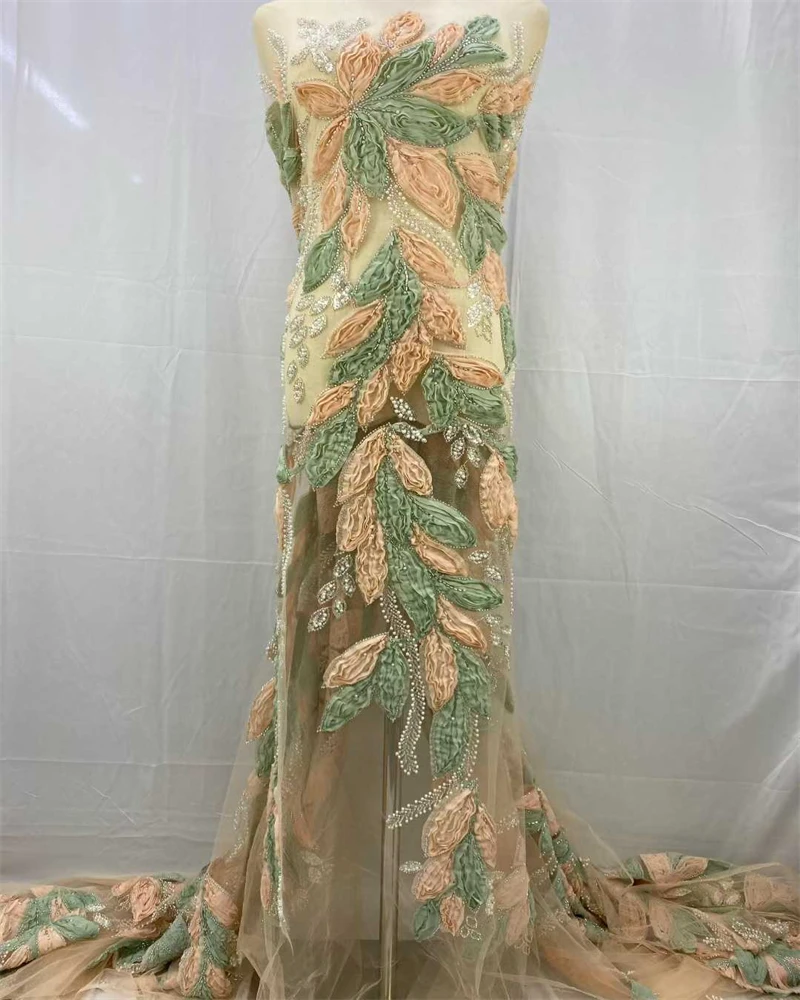 نسيج الدانتيل الأفريقي جودة عالية الفرنسية ثلاثية الأبعاد زهرة الترتر التطريز الخرز تول أقمشة الدانتيل لفستان الحفلات