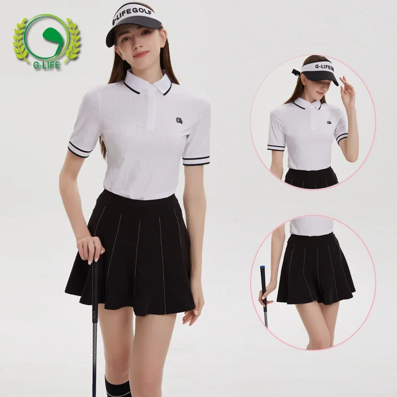 2024 New G-LIFE Women Golf Wear College Style Short Sleeve Polo Tops Leisure Shirts Lady Sports Ruffle Pleated Skort Golf Skorts