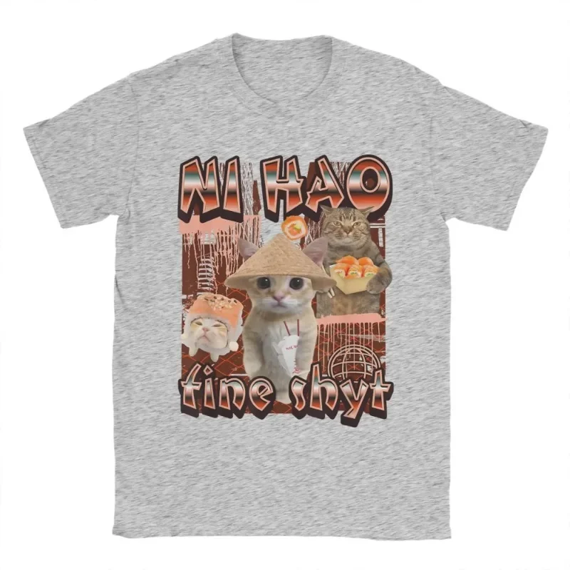 Ni Hao Fine Shyt Meme Tee Shirt for Men and Women Printed T Shirts Funny Cat Bootleg Summer Clothes  Summer Tees