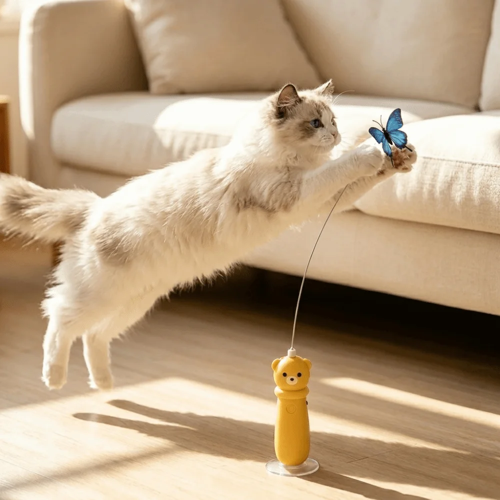 360° Rotation Butterfly Electric Cat Teaser USB Rechargeable Suction Cup Base Launching Stick Automatic Interactive Cat Wand