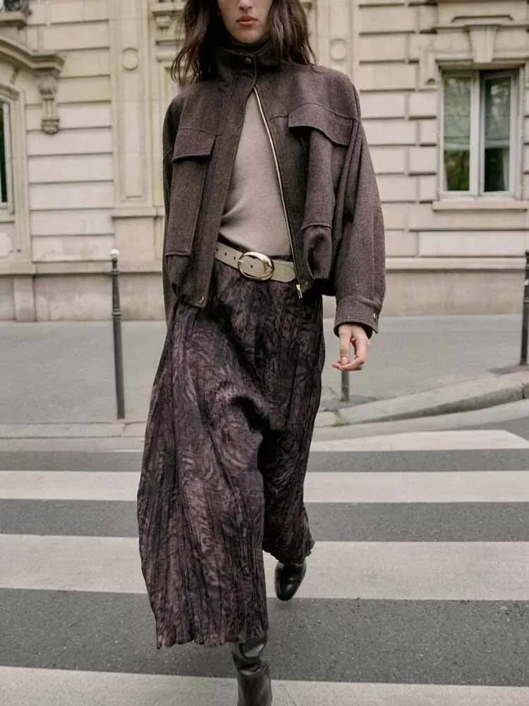 

European and American style winter new fashion trendy women's clothing elegant slim-fitting printed midi skirt with belt