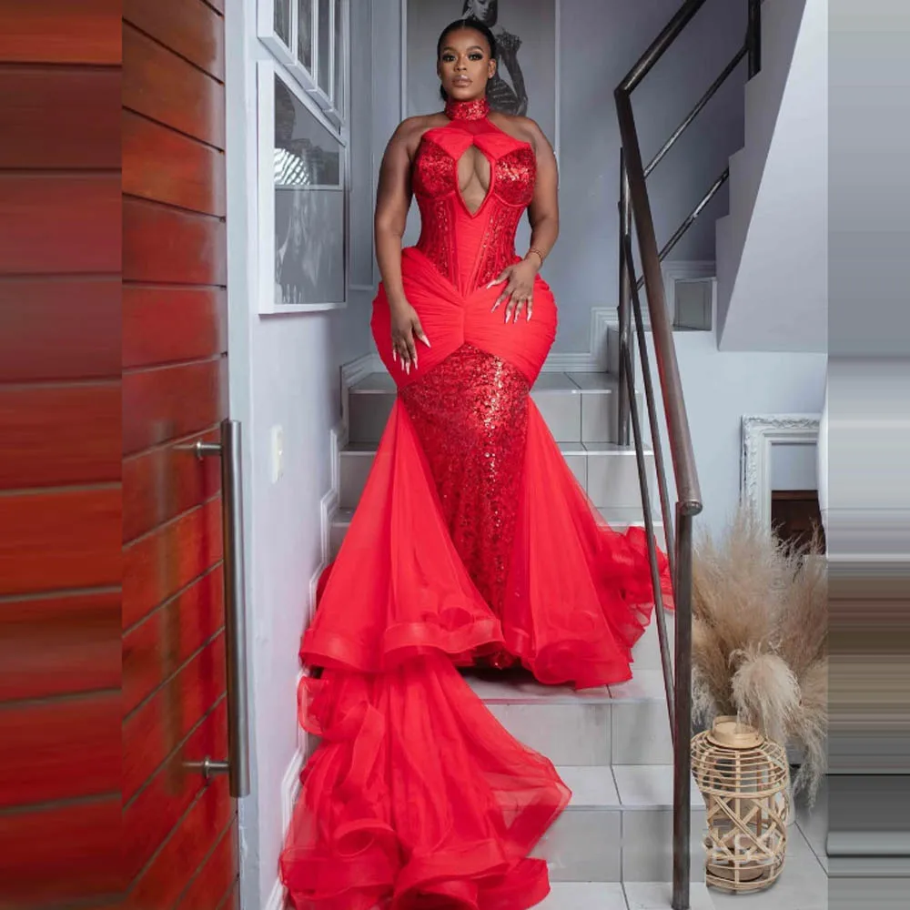 Impresionantes vestidos de fiesta de sirena roja, vestido de noche Sexy de talla grande con cuello alto para mujeres africanas, vestidos largos de cumpleaños de tul y lentejuelas