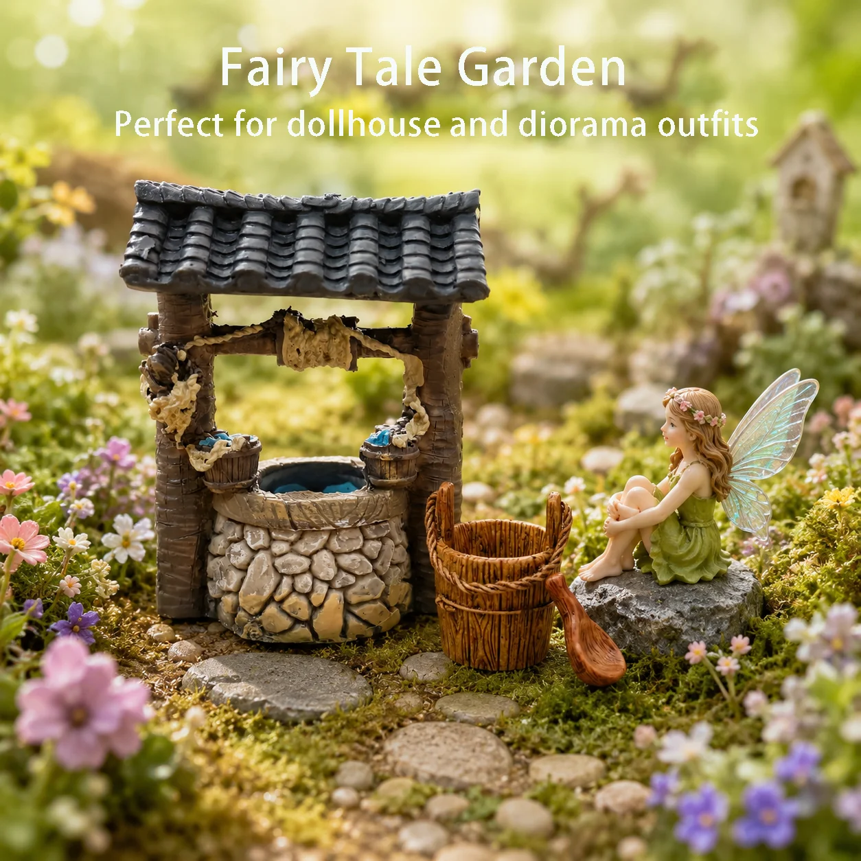 3-teiliges Vintage-Miniatur-Brunnen-Display-Set, Puppenhaus-Bauernhof-Brunnen- und Eimer-Set, Mikro-Landschaftsgarten-Dekorationszubehör – Detail 3