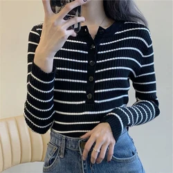 2024 New Autumn and Winter Women's Fashion Knitwear Women Slim Fit Base Shirt Women Striped Long Sleeve T-Shirt Top