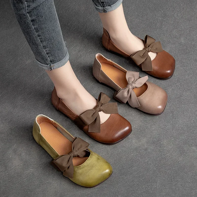 Koznoy Autumn Woman Flat Shoe 2cm Retro Ethnic Genuine Leather Mom Spring Shallow Comfy Fashion Moccasins Butterfly Knot Shoes