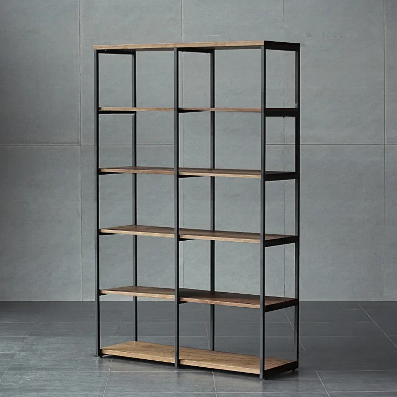 American retro office floor rack industrial style loft solid wood baffle bookcase corner wrought iron bookcase