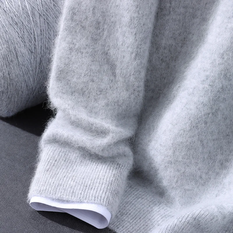 Men's hooded sweater autumn winter 100% mink cashmere sweater casual knitted pullover long-sleeved solid color loose knitted top