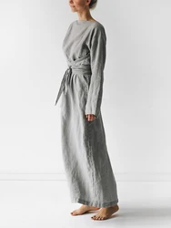 NHKDSASA Women Solid Night Dress Cotton Linen Loose Kimono Long Sleeve Maxi Dress With Belt Long Casual Dress For Lady Home Wear