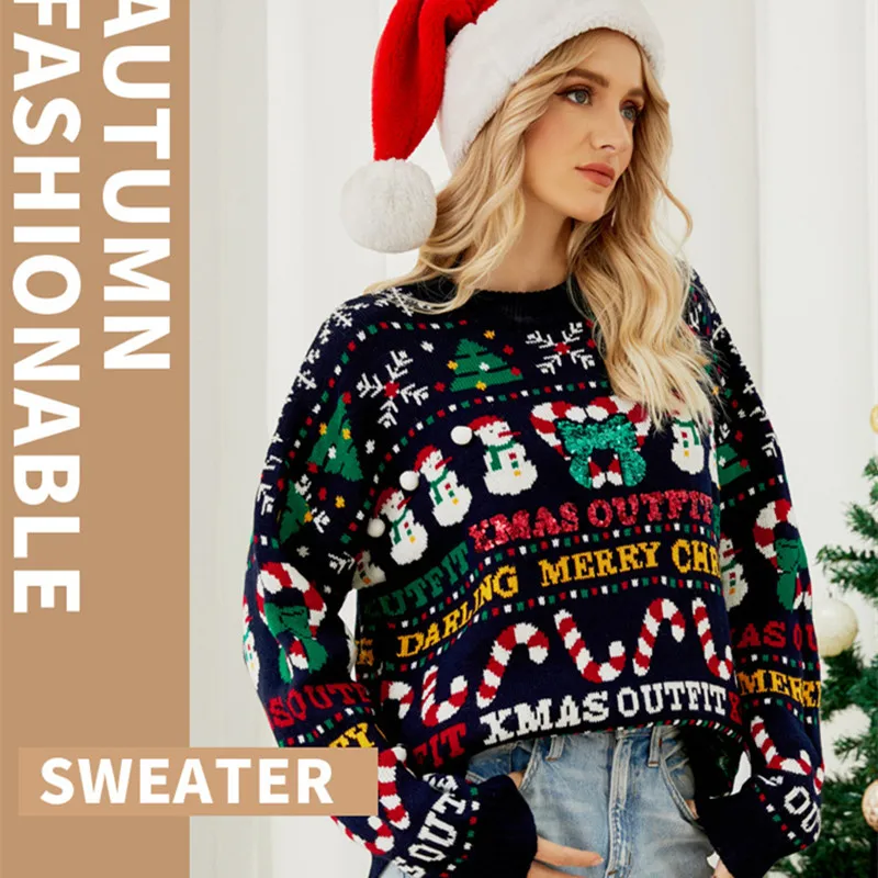 Loose knit autumn and winter Christmas tree crewneck sweater small Snowman sequin Christmas Warm Couple Outfit Sweaters