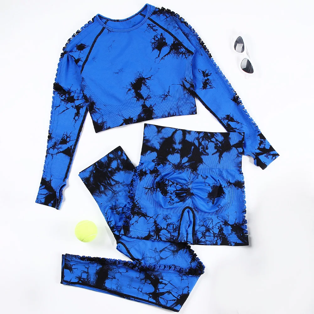 CHRLEISURE 2/3PCS Hollow Tie Dye Yoga Set Women Seamless Sports Suit Outdoor Athletic Fitness Outfit Gym Running Sportswear